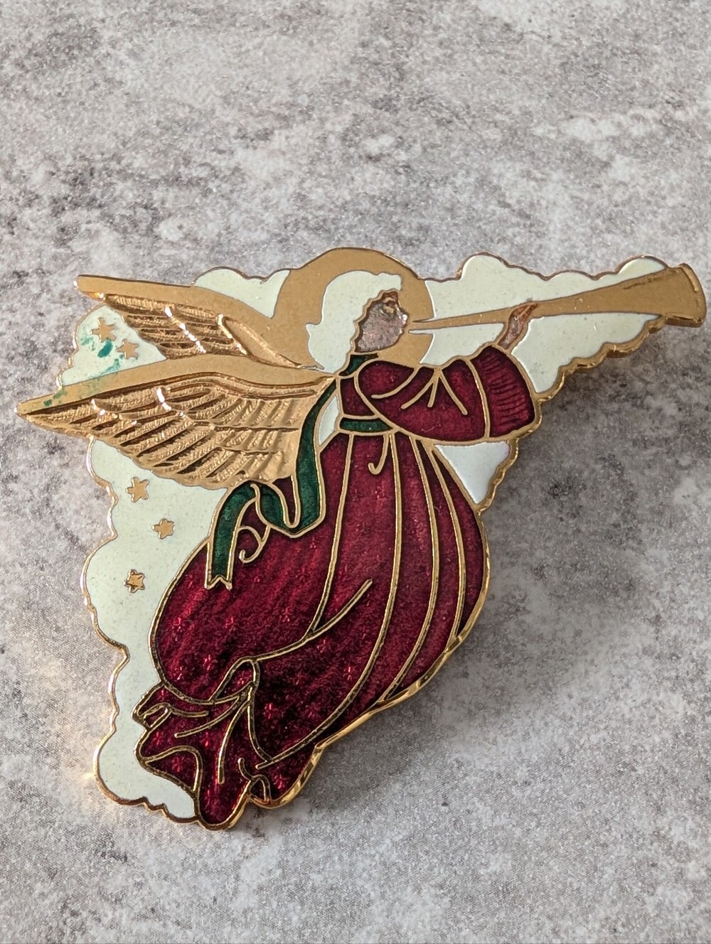 Vintage Fish & Crown Gold Tone Enamel Trumpet Playing Angel Brooch